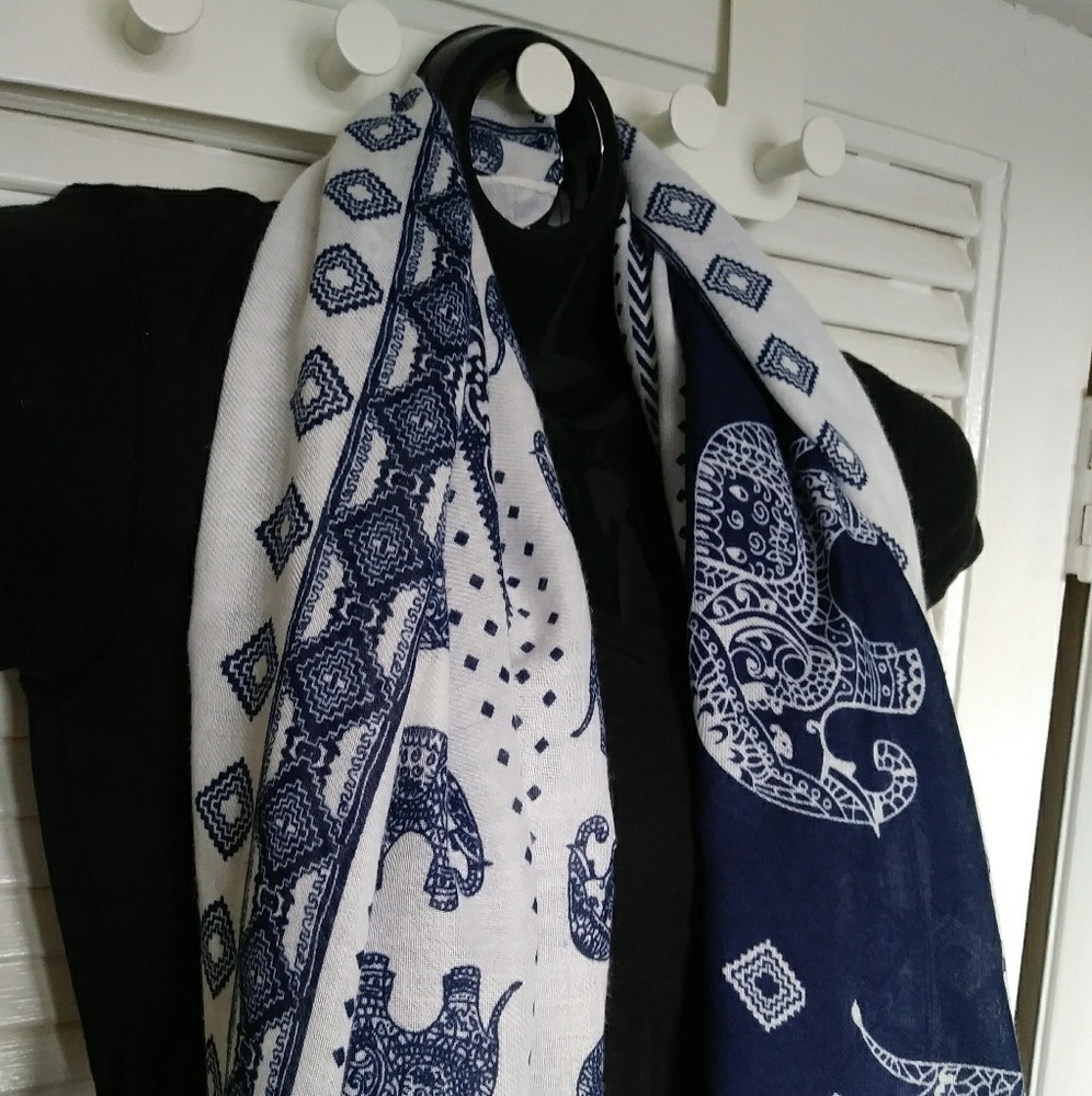 BOHO Elephant print wrap scarf blue white